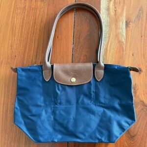 Longchamp Blue Tote with Brown Leather Trim